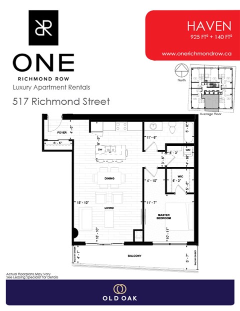 Floor plan for 1 bed, 1 bath, 925 sqft